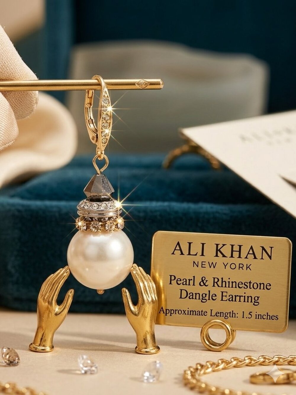Ali Khan Gold Tone Pearl Drop Earrings with Rhinestone Accents